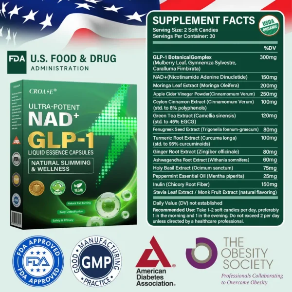 Croaie® GLP-1 Metabolic Support – Ultra Concentrated Liquid Pearls with NAD+, Moringa & ACV – Appetite Control, Weight Management & Cardiovascular Support